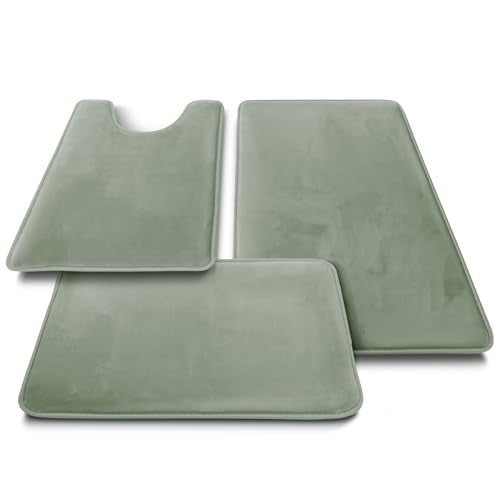 Clara Clark 3 Piece Bathroom Rugs, Velvet Memory Foam Bath Mat Set, Non-Slip Bath Rugs, Machine Wash, Dries Quickly, Ultra Soft Plush Bath Mats for Bathroom, 17 x 24/20 x 32 / Contour, Ice Green - color: Ice Green