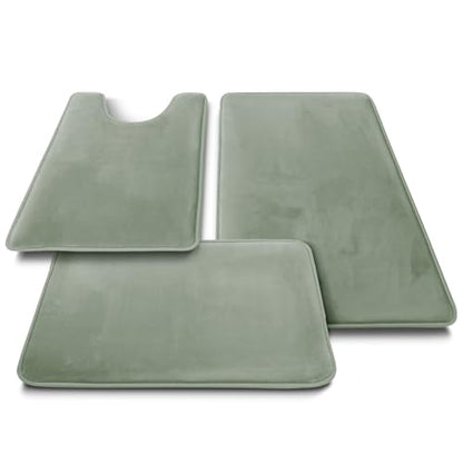 Clara Clark 3 Piece Bathroom Rugs, Velvet Memory Foam Bath Mat Set, Non-Slip Bath Rugs, Machine Wash, Dries Quickly, Ultra Soft Plush Bath Mats for Bathroom, 17 x 24/20 x 32 / Contour, Ice Green - color: Ice Green