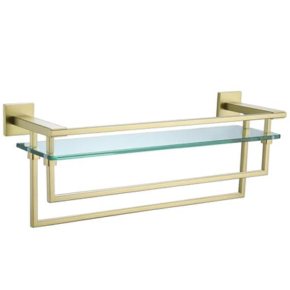 LANC Bathroom Glass Shelf with Towel Bars 20-Inch Floating Tempered Glass Shelves with 2 Towel Rails Brushed Gold Cologne Shelf for Men Shower Bath Storage Glass Rack Wall Mount Heavy Duty，A7617BG - color: Brushed Gold