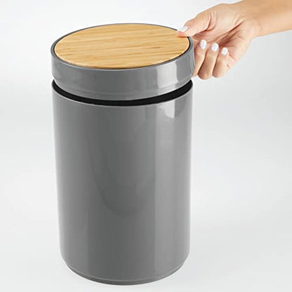 mDesign Plastic Round Trash Can Small Wastebasket - Garbage Bin Container with Swing-Close Lid - Bathroom Garbage Basket - Holds Waste, Recycling - 1.3 Gallon - Basa Collection - Charcoal Gray/Natural - color: Natural/Charcoal Grey