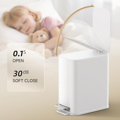 TIPGO Small Bathroom Trash Can with Lid Soft Close, Step Pedal, 1.3 Gallon / 5 Liter Stainless Steel Slim Garbage Can for Office, Diaper Waste Basket with Removable Inner Bucket (White) - color: White