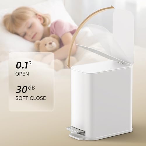 TIPGO Small Bathroom Trash Can with Lid Soft Close,1.3 Gallon, White | Step Pedal, Removable Inner Bucket, 5 Liter Slim Stainless Steel Garbage Can for Bedroom, Office, Kitchen - color: White