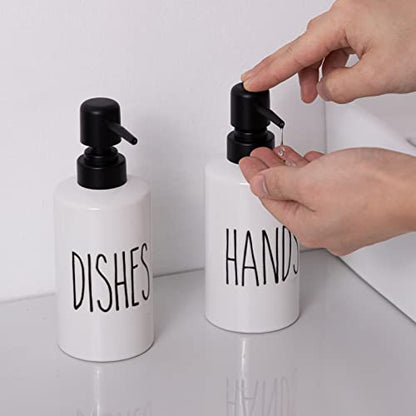 FE Hand Soap Dispenser, 10oz Ceramic Soap Dispenser for Bathroom with Plastic Pump(Hands) - color: White-hands