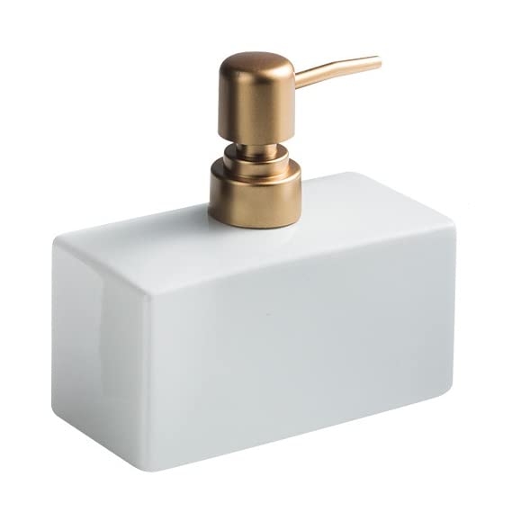 Modern Soap Dispenser with Matte Golden Pump for Bathroom, 13.5 oz Ceramic Rectangle Lotion Dispenser, Refillable Dish Soap Dispenser (White) | 13.5 oz Ceramic Lotion Dispenser, Refillable Dish Soap Dispenser - color: White