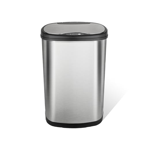 Ninestars 13 Gallon Oval Automatic Trash Can, 50L Touchless Motion Sensor Garbage Can with Odor-Sealing Lid & One-Touch Manual Mode, Silver Stainless Steel, Black Trim