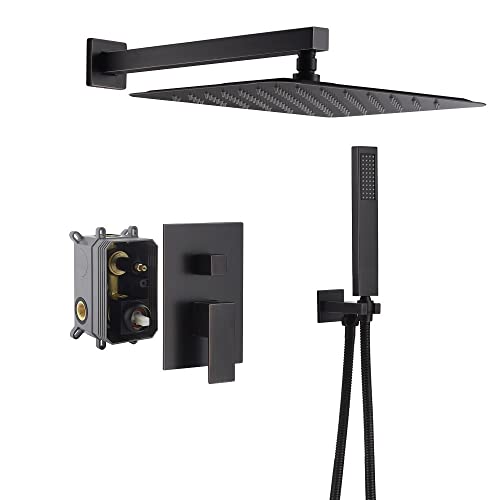 Cascada 12” Square Shower System (Wall Mounted) with Single Handle & square knob, 2 Functions (Rainfall & Handheld) (Oil Rubbed Bronze) - color: Oil Rubbed Bronze
