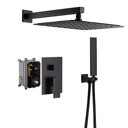 Cascada 12” Square Shower System (Wall Mounted) with Single Handle & square knob, 2 Functions (Rainfall & Handheld) (Oil Rubbed Bronze) - color: Oil Rubbed Bronze