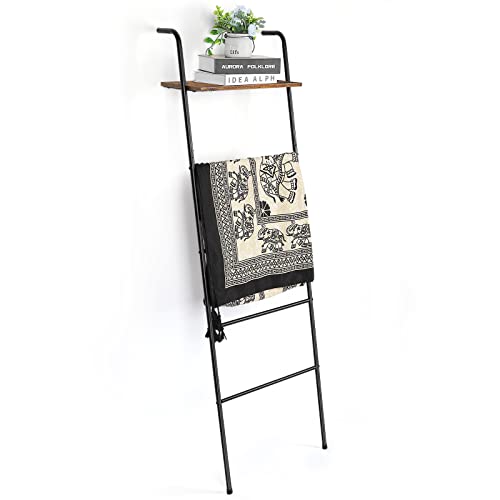 Vrisa Blanket Ladder Wall Leaning Blanket Rack Farmhouse 5-Tier Metal Blanket Holder with Shelf Bath Towel Storage for Bathroom Quilt Bedroom Living Room Pool Black