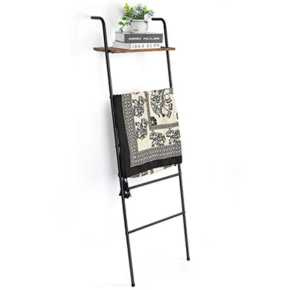 Vrisa Blanket Ladder Wall Leaning Blanket Rack Farmhouse 5-Tier Metal Blanket Holder with Shelf Bath Towel Storage for Bathroom Quilt Bedroom Living Room Pool Black