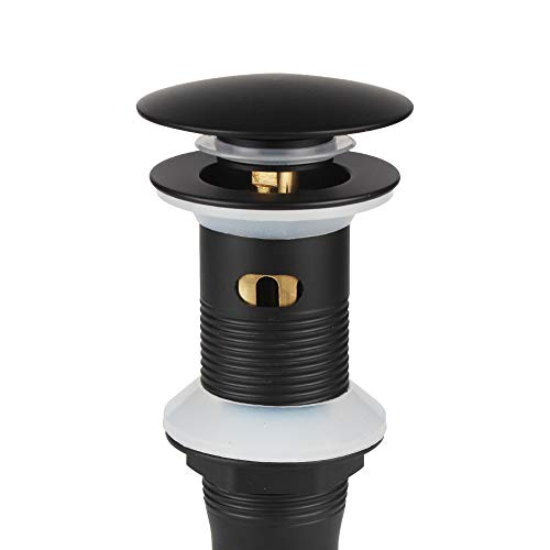 Bathroom Sink Pop Up Drain with Overflow, Strainer, Black | Solid Brass with Detachable Basket Strainer; 7 in. Closed/7.5 in. Open; 1-1/2 in. Min Drain Opening; Push-button Stopper - color: Black, size: Big Popup Cap