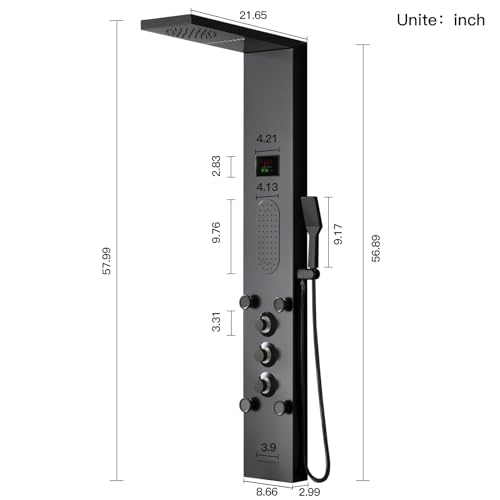 BWE LED Shower Panel,Black Rainfall Shower Panel Tower System | Stainless Steel Shower Tower with Massage Body Jets Tub Spout Wall Mounted Shower Fixtures with Temperature Display