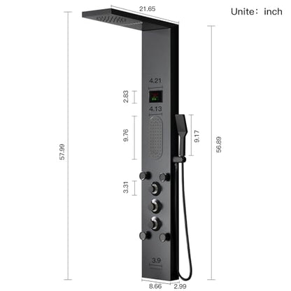 BWE LED Shower Panel,Black Rainfall Shower Panel Tower System | Stainless Steel Shower Tower with Massage Body Jets Tub Spout Wall Mounted Shower Fixtures with Temperature Display