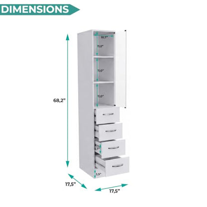 Tuhome Vanguard Tall Linen Cabinet, 68.3" Glass-Door Bathroom Linen Tower with 4 Drawers & 3 Open Shelves, Slim 12" Engineered Wood Linen Storage Cabinet