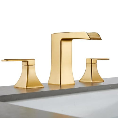 Brushed Gold Waterfall Bathroom Faucet, Sanliv 2-Handle Widespread Bathroom Faucet for 3-Hole Sinks 4-8 inch, Modern Vanity Faucets with Pop Up Drain, Champagne Bronze - color: Brushed Gold