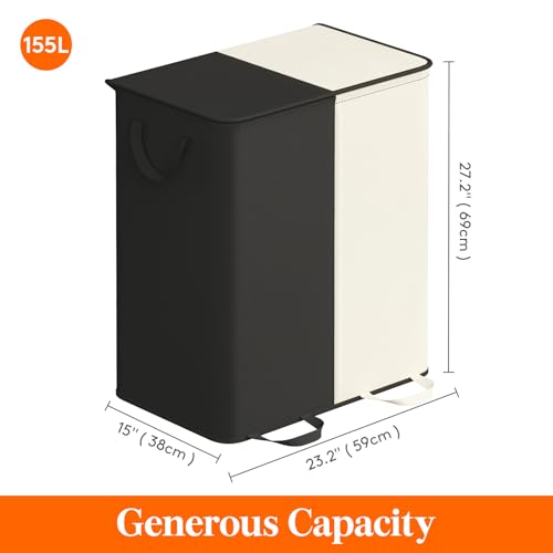 Lifewit Double Laundry Hamper with Lid and Removable Laundry Bags, Large Collapsible 2 Dividers Dirty Clothes Basket with Handles for Bedroom Laundry Room Closet Bathroom College, 155L White&Black - color: White&black, size: 155L