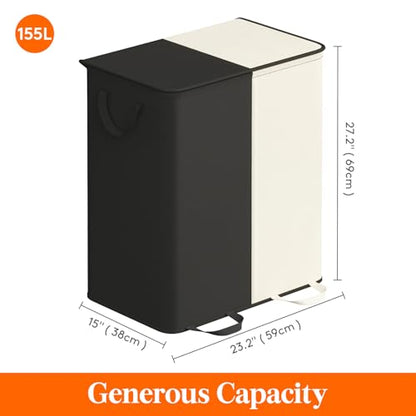 Lifewit Double Laundry Hamper with Lid and Removable Laundry Bags, Large Collapsible 2 Dividers Dirty Clothes Basket with Handles for Bedroom Laundry Room Closet Bathroom College, 155L White&Black - color: White&black, size: 155L