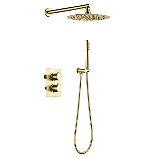 Shower System, Wall Mounted Thermostatic Control Mixing Valve Brushed Gold Taps Set with 8-12 Inch Round Rainfall Head and Handheld Shower, Luxury Se,10 inch