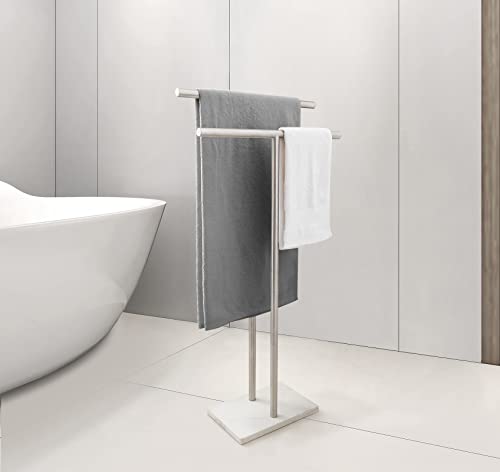 40 Inch Standing Towel Rack Double-T Shape Tall Bath Towel Sheet Holder with Marble Design Base for Bathroom Floor Next to Tub or Shower 2 Tier Towel Holder Stand Stainless Steel Brushed Nickel - color: Brushed Nickel