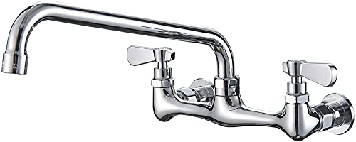 Wall Mount Kitchen Faucet with 12 Inch Swivel Spout, Chrome | Lead-Free Brass,Dual Handle Hot/Cold,8" Center,3 Compartment Commercial Faucet for Kitchen Laundry Room Restaurant - size: 12 Inch