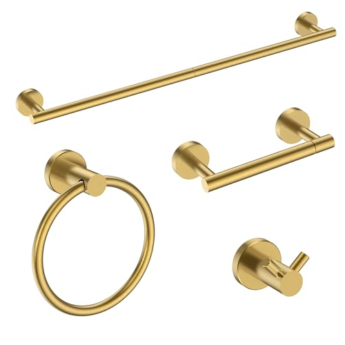 FORIOUS Bathroom Accessories, 4-Piece Bathroom Hardware Set - 24" Towel Bar | Brushed Gold | Towel Hooks, Towel Racks for Bathroom, Toilet Paper Holder Wall Mounted & Towel Ring | SUS304 Stainless Steel - color: Brushed Gold, size: 24 in | 4 Pieces