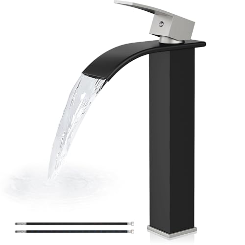 Airuida Vessel Sink Faucet,Black&Nickel Tall Waterfall Bathroom Faucet | Single Handle,Tall Bathroom Faucet 1 Hole,Vanity Faucet,without Drain,Bowl Bathroom Faucet - color: Matte Black & Brushed Nickel