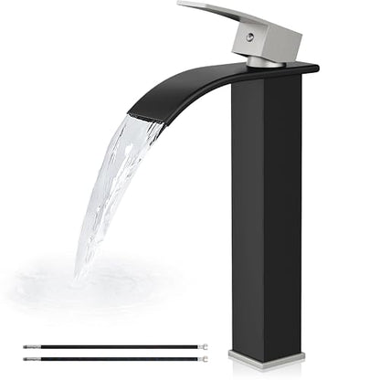 Airuida Vessel Sink Faucet,Black&Nickel Tall Waterfall Bathroom Faucet | Single Handle,Tall Bathroom Faucet 1 Hole,Vanity Faucet,without Drain,Bowl Bathroom Faucet - color: Matte Black & Brushed Nickel