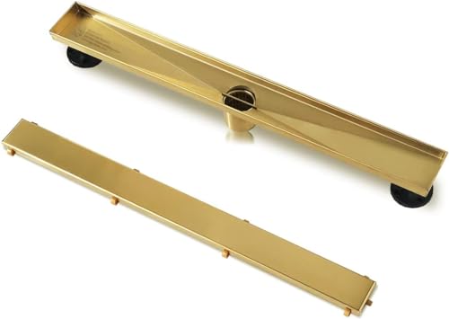 Neodrain 60" Gold Linear Shower Drain,2-in-1 Flat& Tile Insert Cover | 304 Stainless Steel,Fast Drainage, Durable,Rectangle Shower Floor Drain with Adjustable Feet,Hair Strainer,Fits Bathrooms - color: Golden, size: 60 In