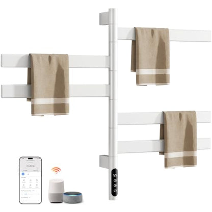 Smart Rotating Heated Towel Rack, 5-Bar Wall-Mounted, White | Electric Towel Warmer for Bathroom, Swivel Bars, Wi-Fi App Control, 1-24H Timer, 115-155°F, 120W, IPX5, Plug-In or Hardwired - color: White 17.72"x26.77"