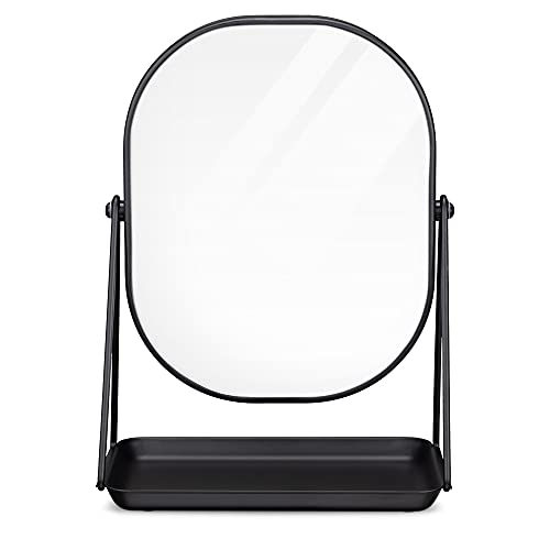 Navaris Vanity Mirror with Tray - Table Top Mirror with Metal Stand and Storage - 7" x 9" Mirror Size - For Makeup, Tabletop, Desk - Black Finish