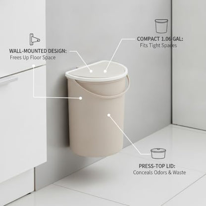 Wall Mounted Trash Can with Lid, 1.06 Gallon Space Saving Waste Bin for Bathroom Kitchen Cabinet Door, Compact PP Plastic Garbage Can