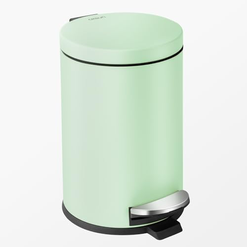 Cesun Small Round Bathroom Trash Can with Lid Soft Close, 1.2 Gal, Green | Removable Inner Bucket, Stainless Steel Garbage Can for Bedroom/Office, Hands-Free Step Pedal, Fingerprint-Resistant - color: Green