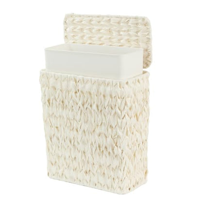 Coeusy Wicker Trash Can with Lid and Liner,Boho Decotative Small Bathroom Trash Cans,Waterproof Slim Narrow Waste Basket for Bedroom,Home Office,3 Gallon Beige White - color: white