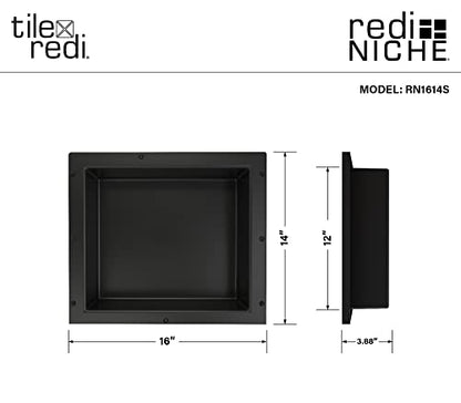 Tile Redi USA Niche Single Recessed Shower Shelf – Black, One Inner Shelf, 16-Inch Width x 14-Inch Height x 4-Inch Depth - size: 14" H x 16" W (1 Shelf)