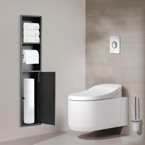 Recessed Toilet Paper Holder, 304 Stainless Steel Bathroom Toilet Paper Holder with Storage Cabinet for Toilet Brush Holder, Built-in Toilet Paper Dispenser (Black)