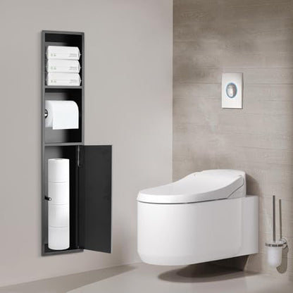 Recessed Toilet Paper Holder, 304 Stainless Steel Bathroom Toilet Paper Holder with Storage Cabinet for Toilet Brush Holder, Built-in Toilet Paper Dispenser (Black)