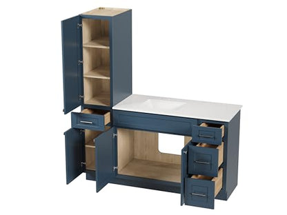 63" Bathroom Vanity with Linen Storage Tower and 4 Drawers, Carrara Quartz Top and Ceramic Sink, Left or Right Tower Option, Solid Wood Frame, 64" x 22" x 72" (Navy Blue, Left Tall Cabinet) - color: Navy Blue