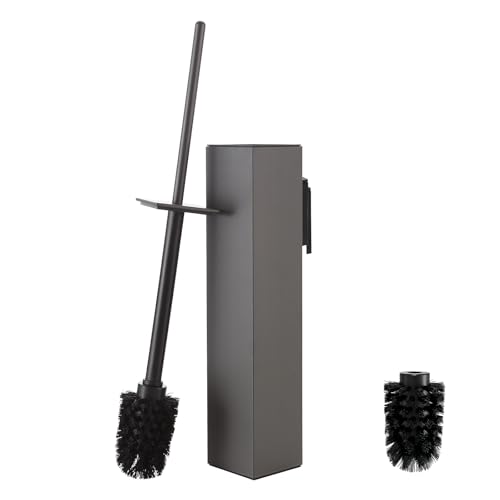 Toilet Brush and Holder Wall Mounted, Gun Gray Aluminum with 2 Replaceable Heads, Bathroom Toilet Brush, Drill or 3M Adhesive Mount, Removable Liner and Splash Guard, Modern Square Design - color: Gun Gray-wall Mounted
