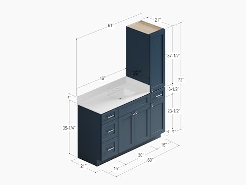 60" Bathroom Vanity with Linen Storage Tower and 4 Drawers, Carrara Quartz Top and Ceramic Sink, Left or Right Tower Option, Solid Wood Frame, 61" x 22" x 72" (Navy Blue, Right Tall Cabinet) - color: Navy Blue