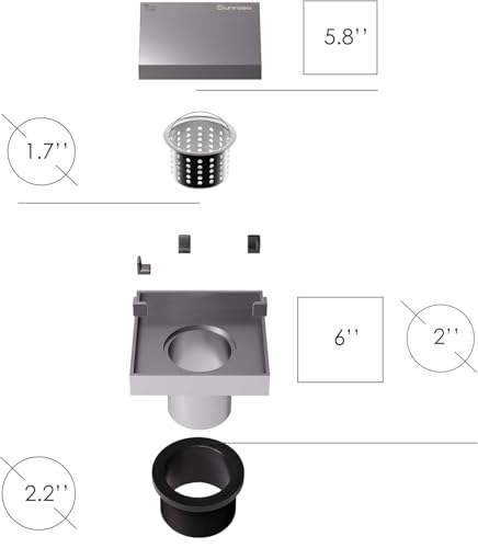 Sunrosa 6 Inch Square Shower Drain, Polished Chrome, 304 Stainless Steel | Reversible Tile-insert Cover, For Bathroom Renovatio, Press-to-lift Cover Design, One-piece Bent Design - color: Polished Chrome, size: 6"×6"