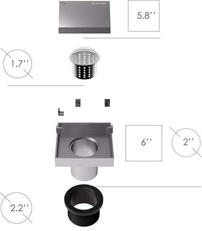 Sunrosa 6 Inch Square Shower Drain, Polished Chrome, 304 Stainless Steel | Reversible Tile-insert Cover, For Bathroom Renovatio, Press-to-lift Cover Design, One-piece Bent Design - color: Polished Chrome, size: 6"×6"