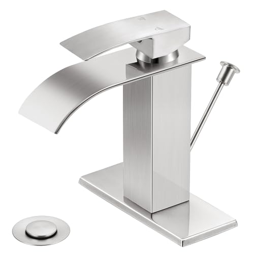Brushed Nickel Waterfall Bathroom Faucet Single Handle with Lift Rod Drain | Bathroom Sink Faucet,Stainless Steel,supply hoses Deck included,1 or 3 Hole,Fits home,RV,farmhouse bathrooms - color: A-Brushed Nickel, style: with Lift Rod Drain