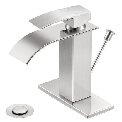 Brushed Nickel Waterfall Bathroom Faucet Single Handle with Lift Rod Drain | Bathroom Sink Faucet,Stainless Steel,supply hoses Deck included,1 or 3 Hole,Fits home,RV,farmhouse bathrooms - color: A-Brushed Nickel, style: with Lift Rod Drain