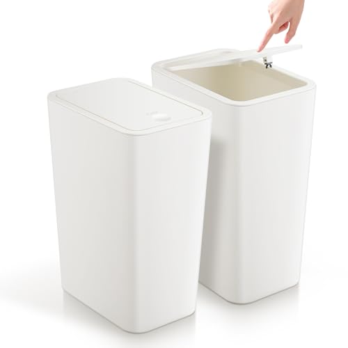 TIPGO Bathroom Trash Can with Lid, 4 Gallon / 15 Liter Small Garbage Can, Press Top Bin, Plastic Wastebasket with Pop-Up Lid for Bedroom, Living Room, Office (White, 2 Pack) - color: White, 2 Pack