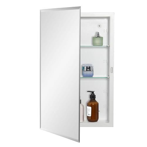 IDYLLOR Bathroom Medicine Cabinet with Beveled Edge Mirrored Door 15 x 24 inch, Recessed or Surface Mount, with Adjustable Glass Shelves - color: Matt White, size: 15x24 inch Beveled Edge Mirror