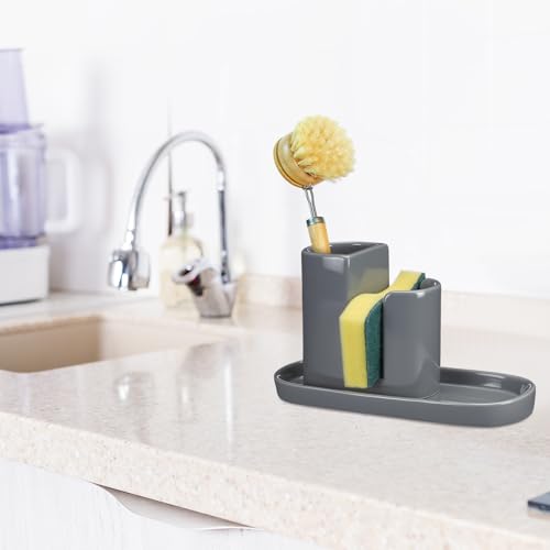 3 in 1 Ceramic Kitchen Sink Caddy Dish Sponge Holder Scrub Brush Holder and Soap Tray for Kitchen Organizer Rustic Farmhouse Supplies (Gray) - color: Gray