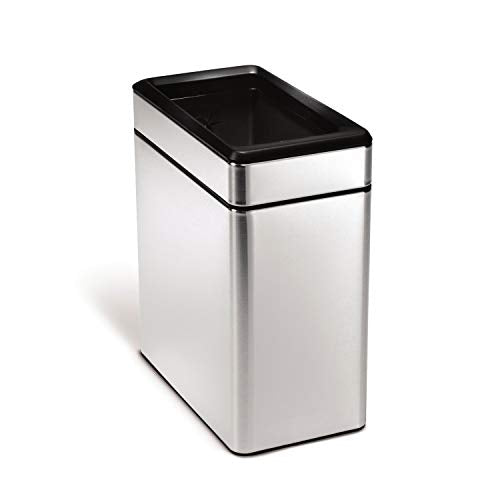 simplehuman Slim Open Can, 10L / 2.6 Gallon Commercial Office Trash Can for Hotel Rooms, Conference Rooms, Reception, Heavy Duty Stainless Steel, ADA-Compliant, Brushed Stainless Steel - color: Brushed, style: 10L Slim