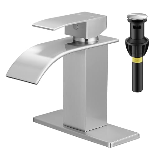 Waterfall Bathroom Faucet, Single Handle Brushed Nickel Sink Faucet 1 Hole or 3 Hole for Lavatory, Washbasin, Vanity, Commercial, with Deck, Pop-up Drain and Supply Hoses - color: Brushed Nickel