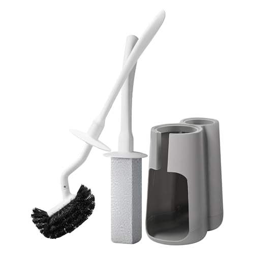 Toilet Brush and Holder Set with Pumice Stone Toilet Bowl Cleaner | Long-handle Scrubber with Ventilated Holder and Pumice Stone for Hard Water Stains, Limescale and Toilet Rings - color: Gray