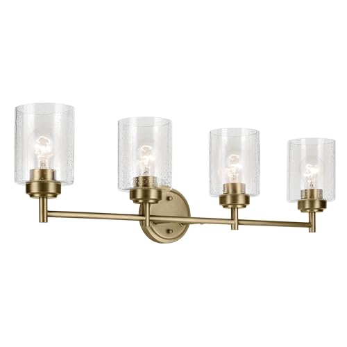 Kichler Winslow 4-Light Farmhouse Vanity Light, Natural Brass | Clear seeded glass vanity light with industrial styling (30" x 9.25" x 6.5"), 45887NBR - color: Natural Brass, size: 30"