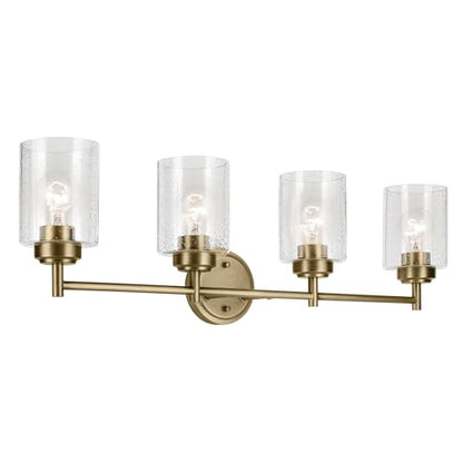 Kichler Winslow 4-Light Farmhouse Vanity Light, Natural Brass | Clear seeded glass vanity light with industrial styling (30" x 9.25" x 6.5"), 45887NBR - color: Natural Brass, size: 30"